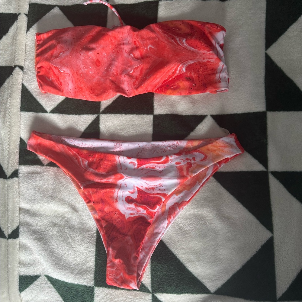 Red and White Swirl Bikini Set